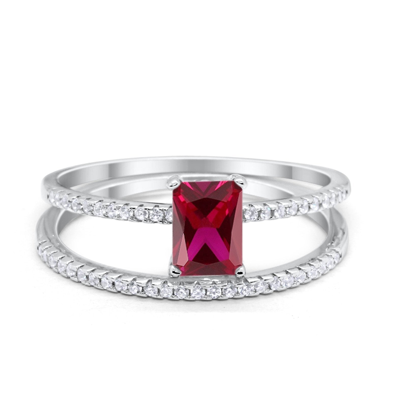 Art Deco Two Piece Wedding Radiant Simulated Ruby CZ Ring 925 Sterling Silver