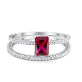 Art Deco Two Piece Wedding Radiant Simulated Ruby CZ Ring 925 Sterling Silver