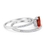 Art Deco Two Piece Wedding Ring Radiant Simulated Garnet CZ 925 Sterling Silver