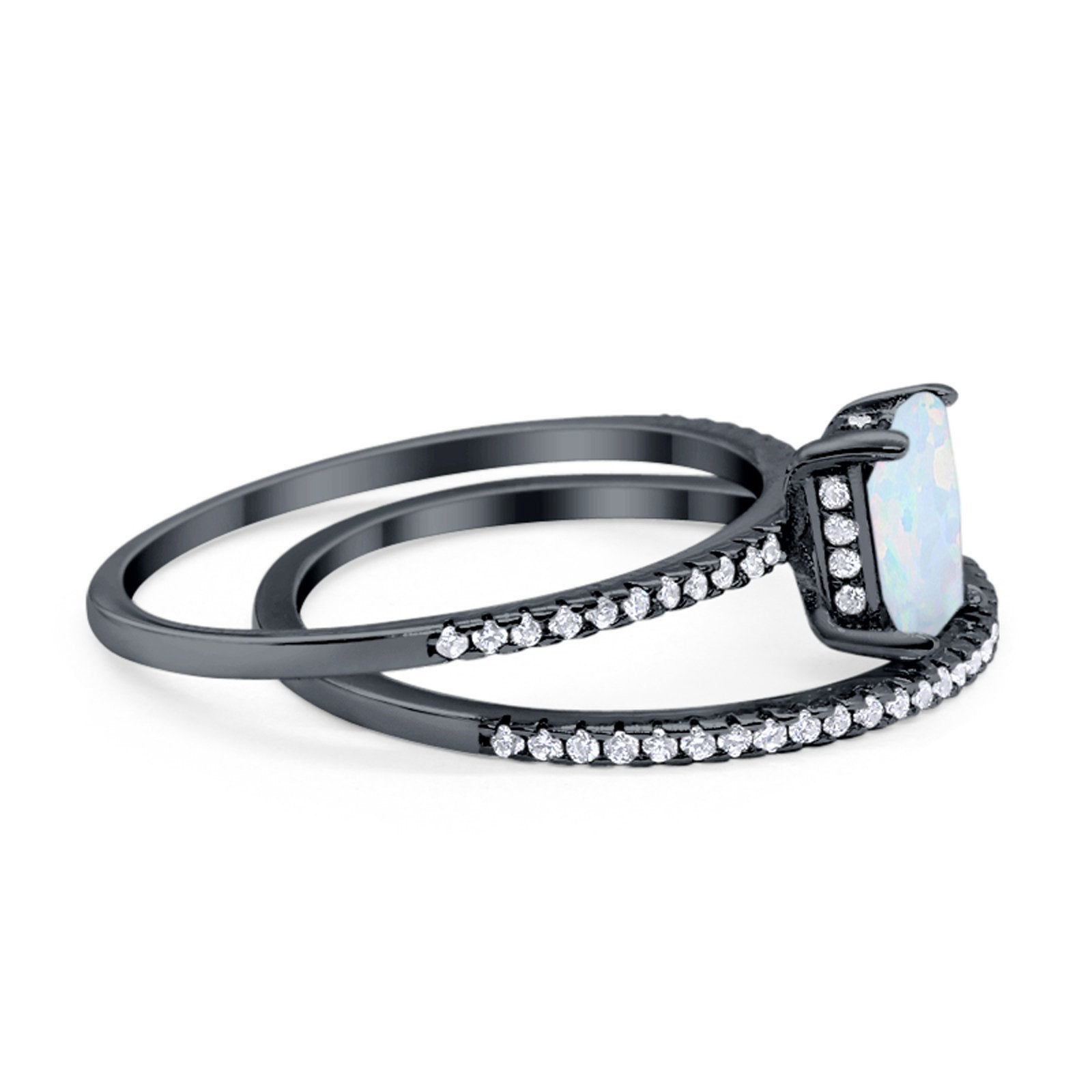 Art Deco Two Piece Wedding Ring Radiant Black Tone, Lab Created White Opal 925 Sterling Silver