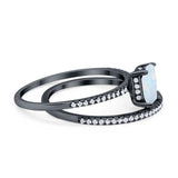 Art Deco Two Piece Wedding Ring Radiant Black Tone, Lab Created White Opal 925 Sterling Silver