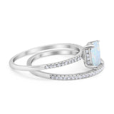 Art Deco Two Piece Wedding Ring Radiant Lab Created White Opal 925 Sterling Silver
