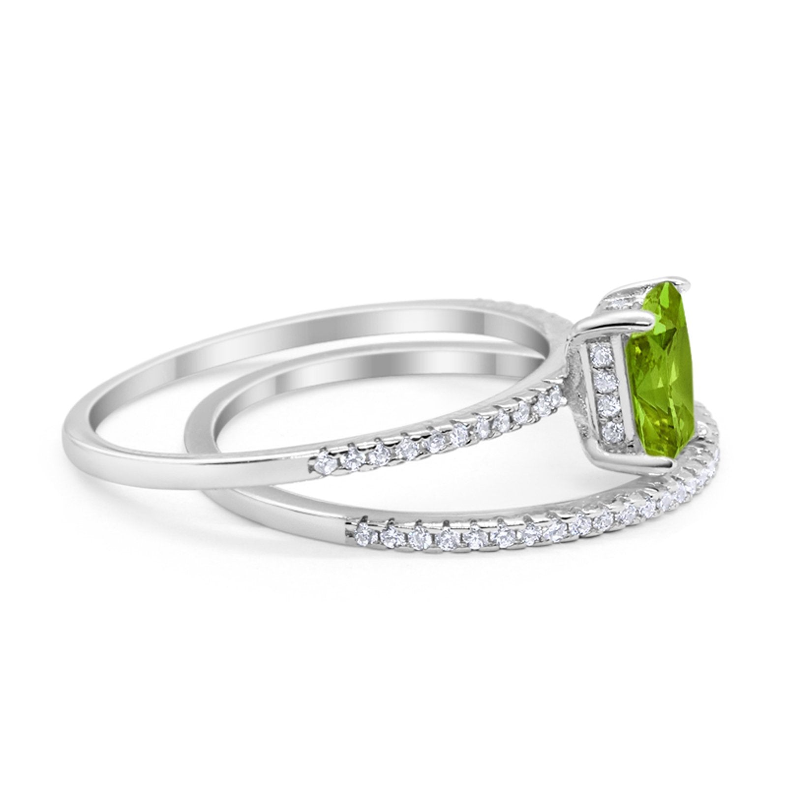 Art Deco Two Piece Wedding Ring Radiant Simulated Peridot CZ 925 Sterling Silver