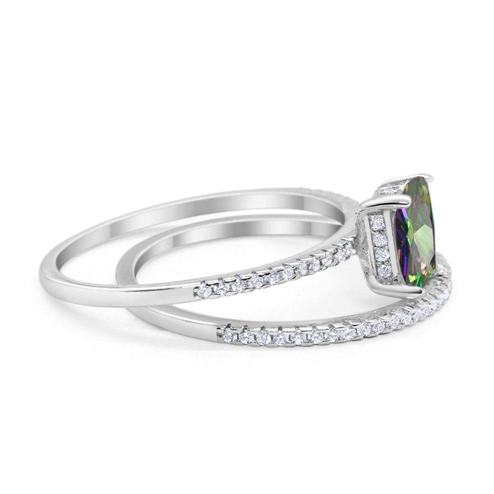Art Deco Two Piece Wedding Radiant Simulated Rainbow CZ Ring 925 Sterling Silver