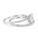 Art Deco Two Piece Wedding Radiant Simulated Cubic Zirconia Ring 925 Sterling Silver