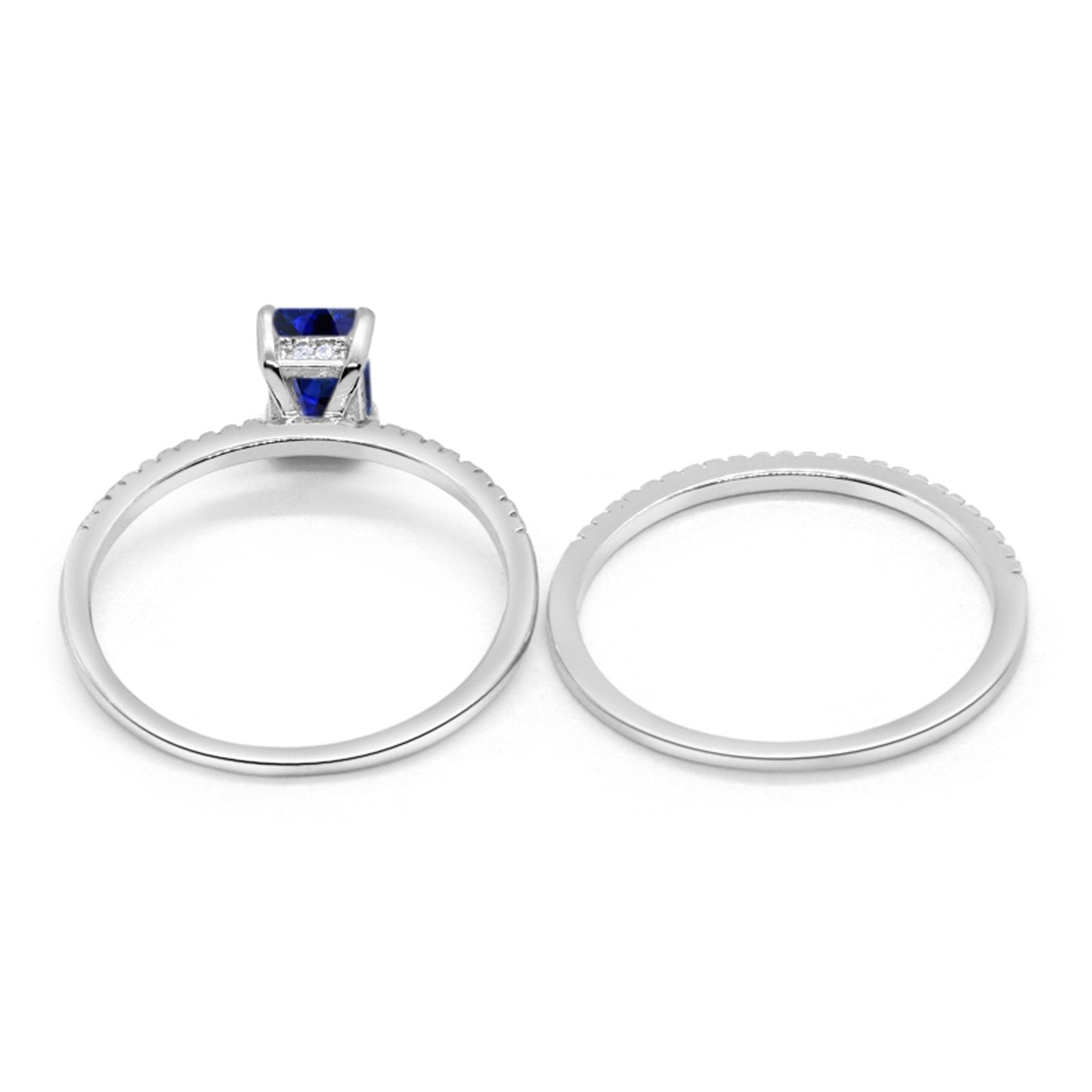 Art Deco Two Piece Wedding Radiant Simulated Blue Sapphire CZ Ring 925 Sterling Silver