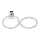 Art Deco Two Piece Wedding Radiant Simulated Blue Sapphire CZ Ring 925 Sterling Silver