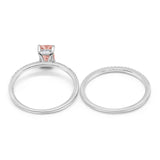 Art Deco Two Piece Wedding Ring Radiant Simulated Morganite CZ 925 Sterling Silver
