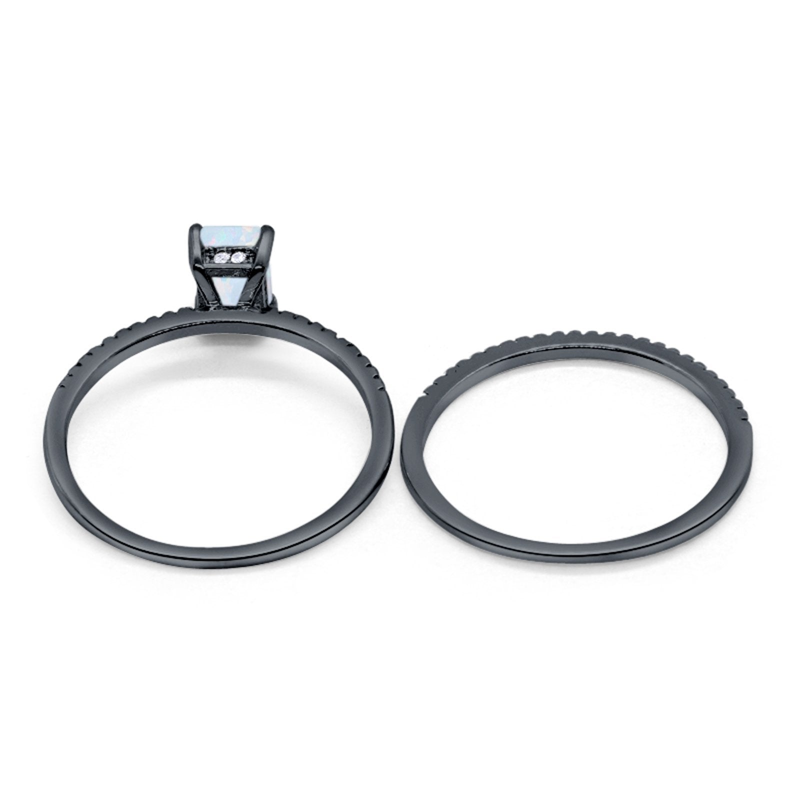 Art Deco Two Piece Wedding Ring Radiant Black Tone, Lab Created White Opal 925 Sterling Silver