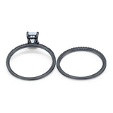 Art Deco Two Piece Wedding Ring Radiant Black Tone, Lab Created White Opal 925 Sterling Silver