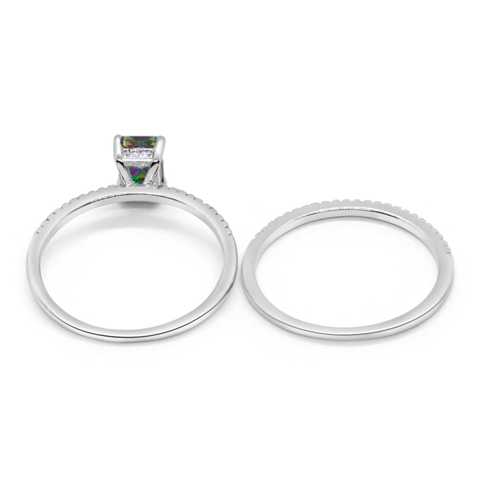 Art Deco Two Piece Wedding Radiant Simulated Rainbow CZ Ring 925 Sterling Silver