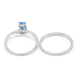 Art Deco Two Piece Wedding Ring Radiant Simulated Blue Topaz CZ 925 Sterling Silver