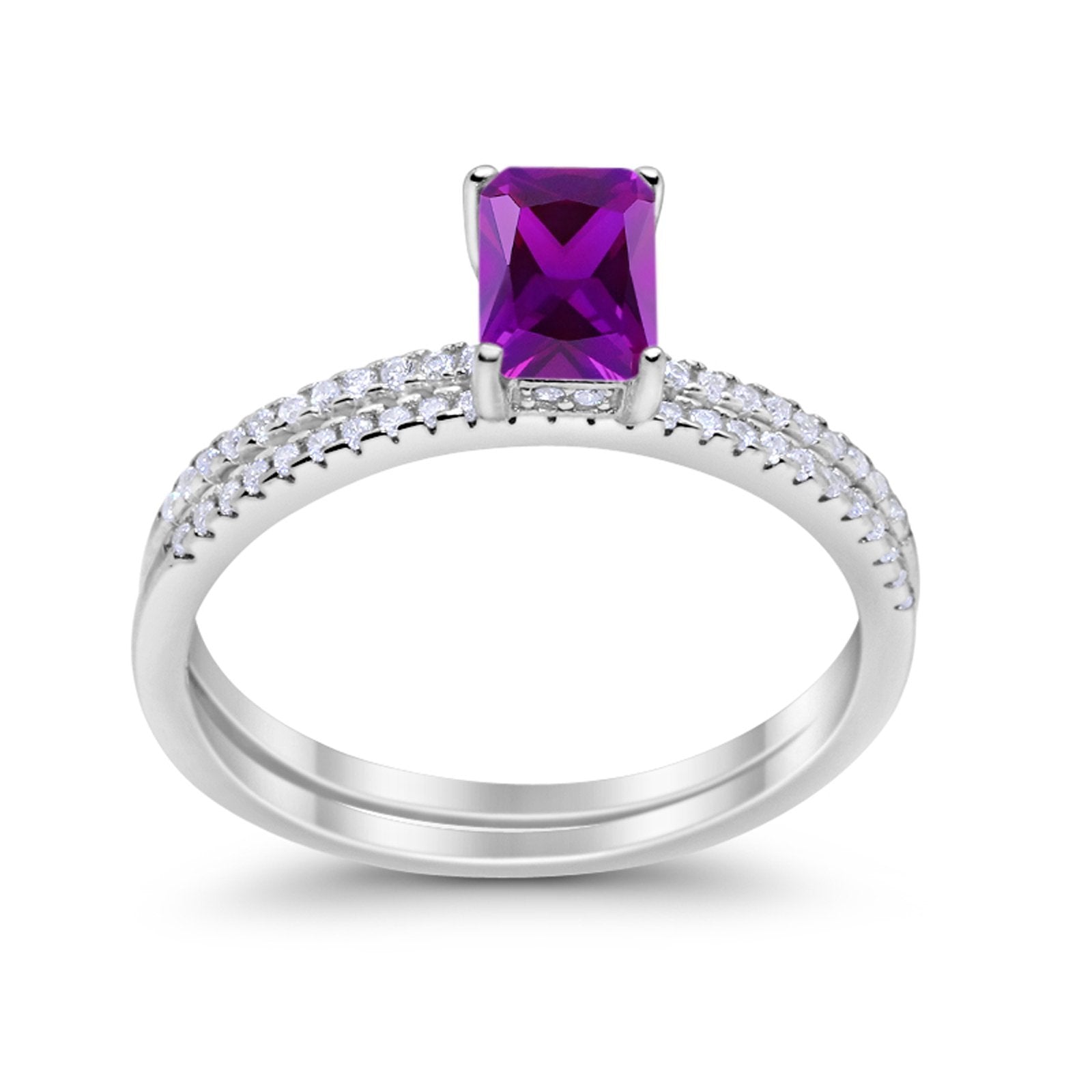 Art Deco Two Piece Wedding Ring Radiant Simulated Amethyst CZ 925 Sterling Silver