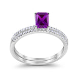 Art Deco Two Piece Wedding Ring Radiant Simulated Amethyst CZ 925 Sterling Silver