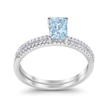 Art Deco Two Piece Wedding Ring Radiant Simulated Aquamarine CZ 925 Sterling Silver