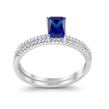 Art Deco Two Piece Wedding Radiant Simulated Blue Sapphire CZ Ring 925 Sterling Silver