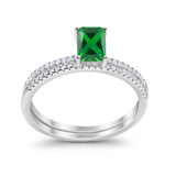 Art Deco Two Piece Wedding Radiant Simulated Emerald CZ Ring 925 Sterling Silver