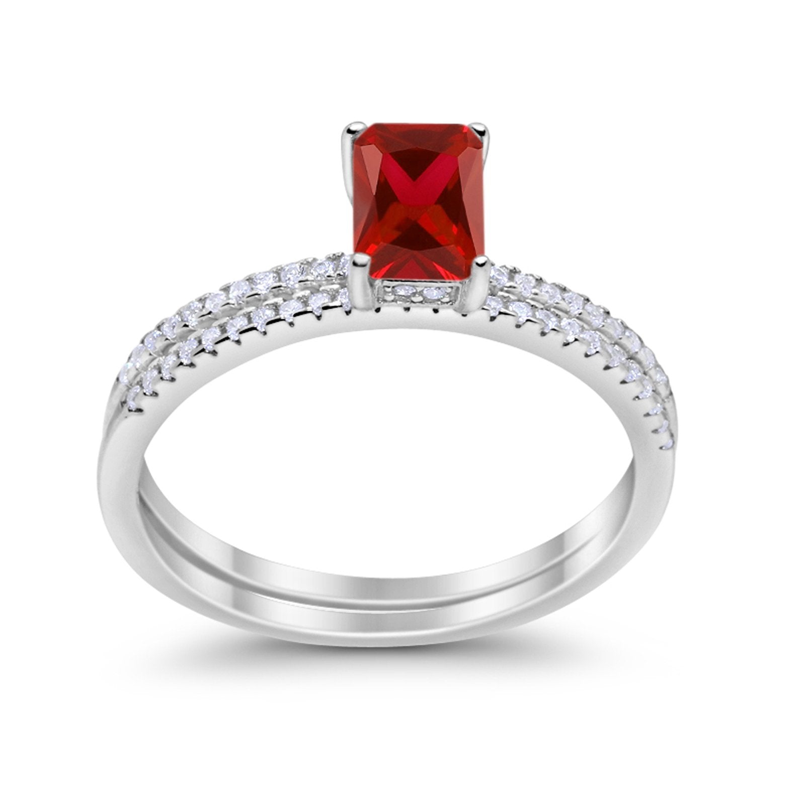 Art Deco Two Piece Wedding Ring Radiant Simulated Garnet CZ 925 Sterling Silver