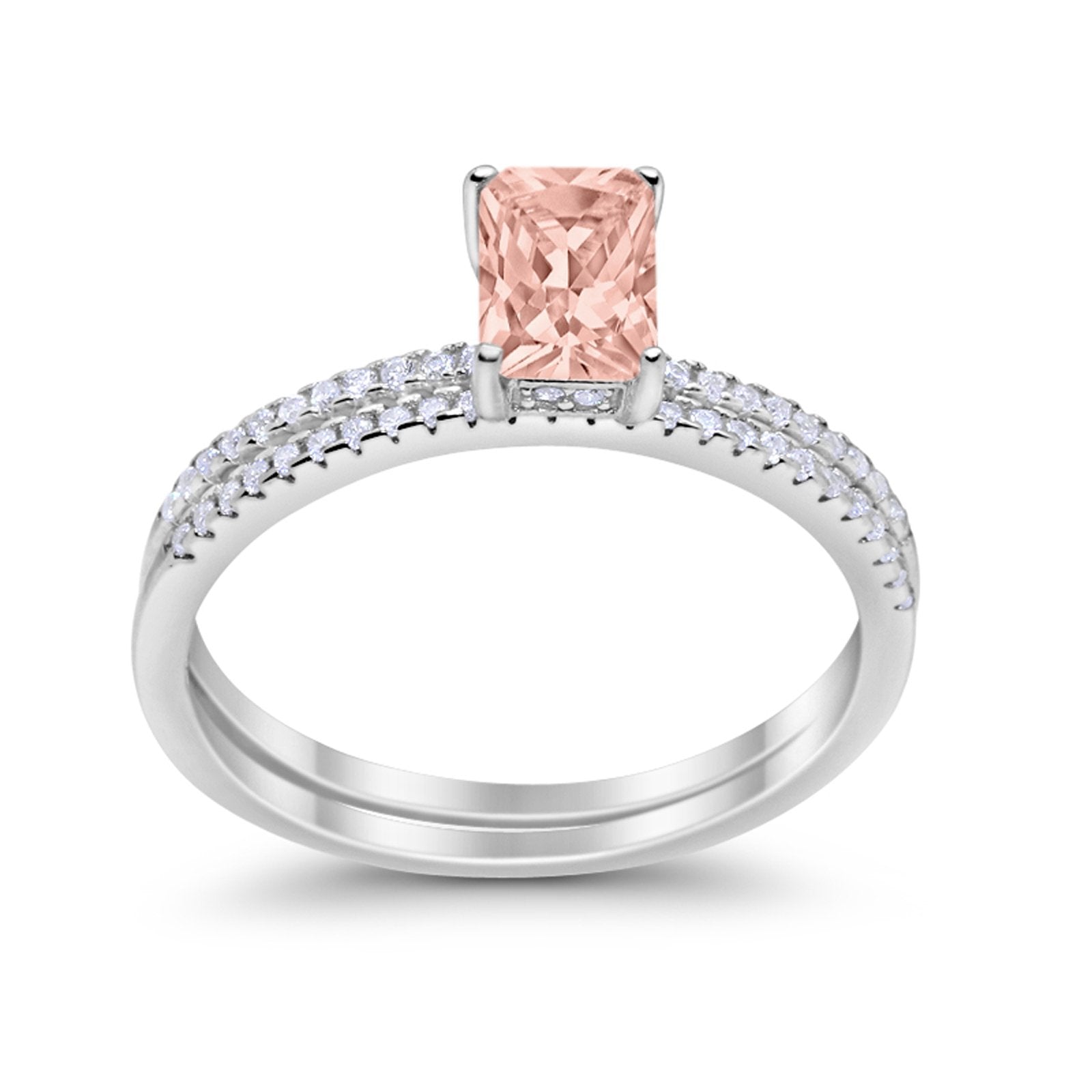 Art Deco Two Piece Wedding Ring Radiant Simulated Morganite CZ 925 Sterling Silver