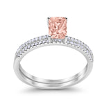 Art Deco Two Piece Wedding Ring Radiant Simulated Morganite CZ 925 Sterling Silver
