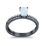 Art Deco Two Piece Wedding Ring Radiant Black Tone, Lab Created White Opal 925 Sterling Silver