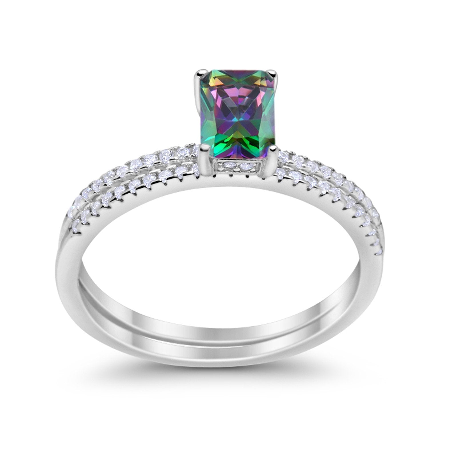 Art Deco Two Piece Wedding Radiant Simulated Rainbow CZ Ring 925 Sterling Silver