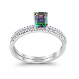 Art Deco Two Piece Wedding Radiant Simulated Rainbow CZ Ring 925 Sterling Silver