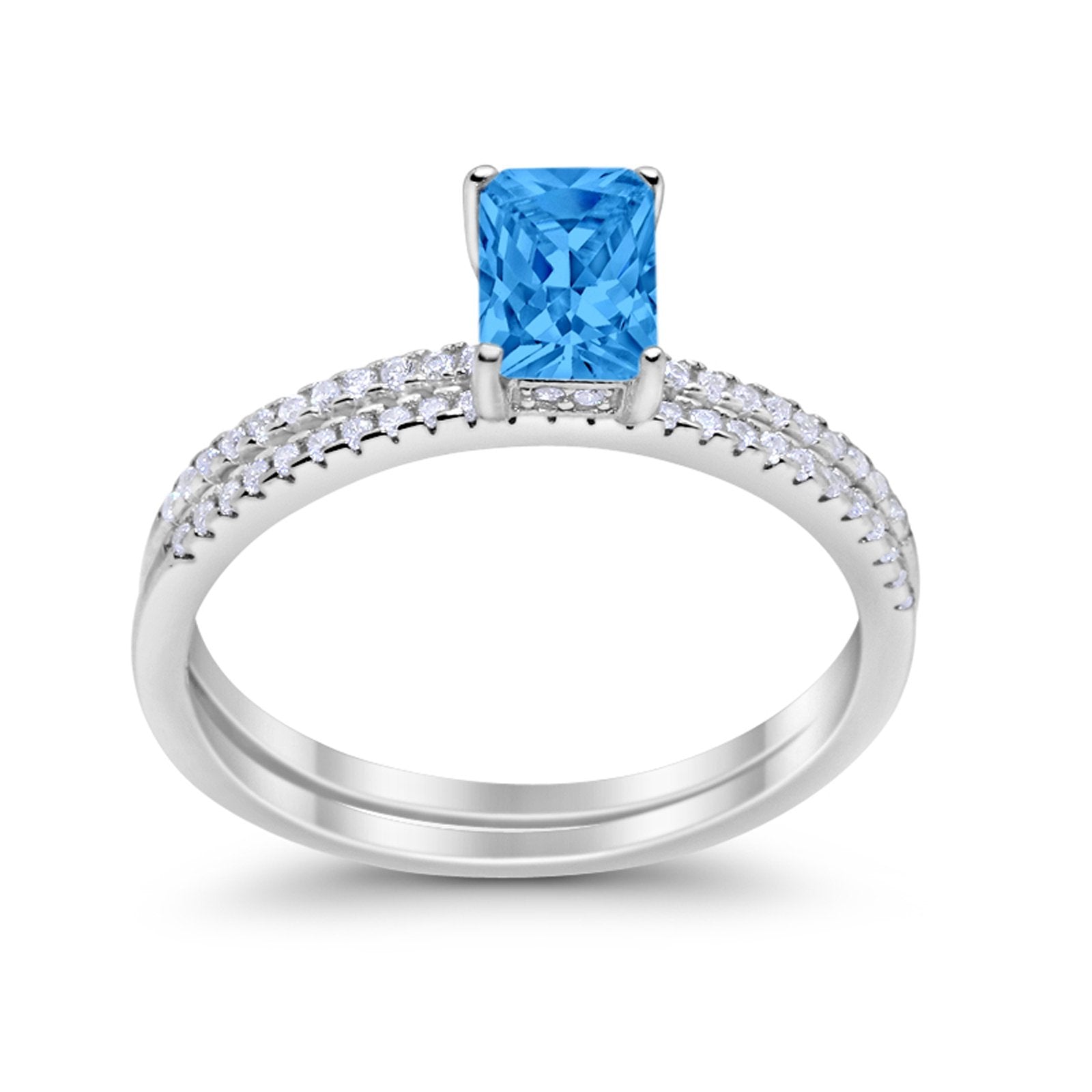 Art Deco Two Piece Wedding Ring Radiant Simulated Blue Topaz CZ 925 Sterling Silver