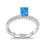 Art Deco Two Piece Wedding Ring Radiant Simulated Blue Topaz CZ 925 Sterling Silver