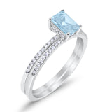 Art Deco Two Piece Wedding Ring Radiant Simulated Aquamarine CZ 925 Sterling Silver