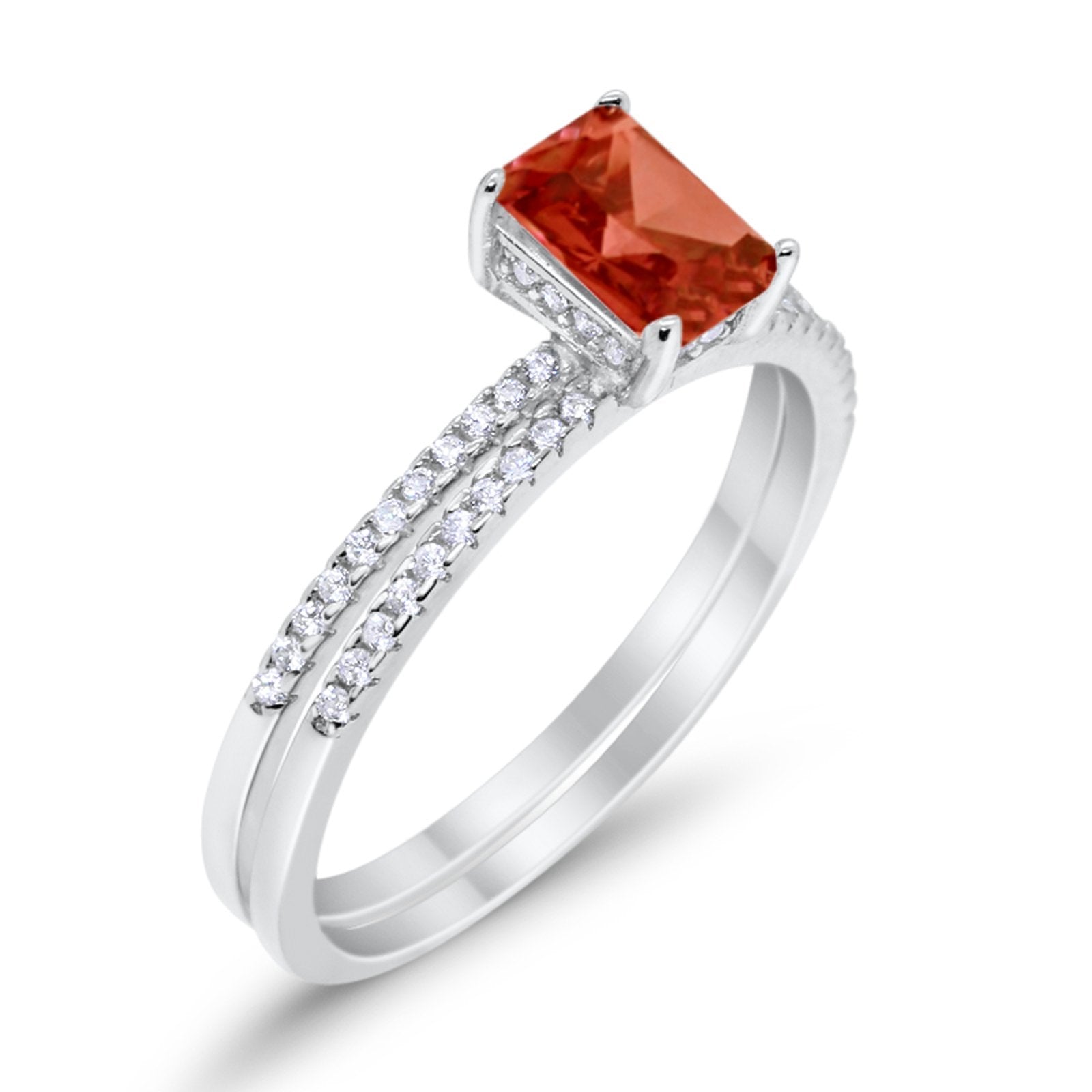 Art Deco Two Piece Wedding Ring Radiant Simulated Garnet CZ 925 Sterling Silver