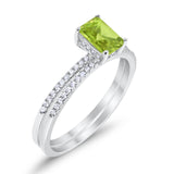 Art Deco Two Piece Wedding Ring Radiant Simulated Peridot CZ 925 Sterling Silver