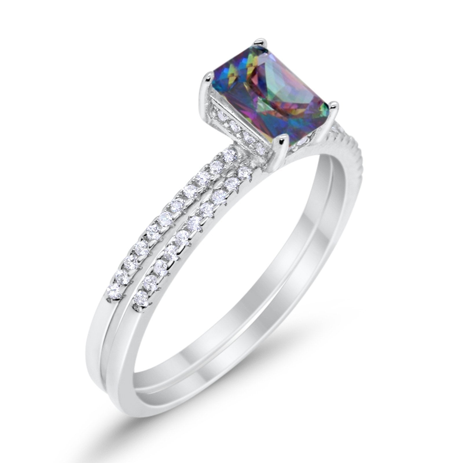 Art Deco Two Piece Wedding Radiant Simulated Rainbow CZ Ring 925 Sterling Silver