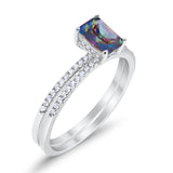 Art Deco Two Piece Wedding Radiant Simulated Rainbow CZ Ring 925 Sterling Silver