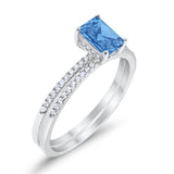 Art Deco Two Piece Wedding Ring Radiant Simulated Blue Topaz CZ 925 Sterling Silver