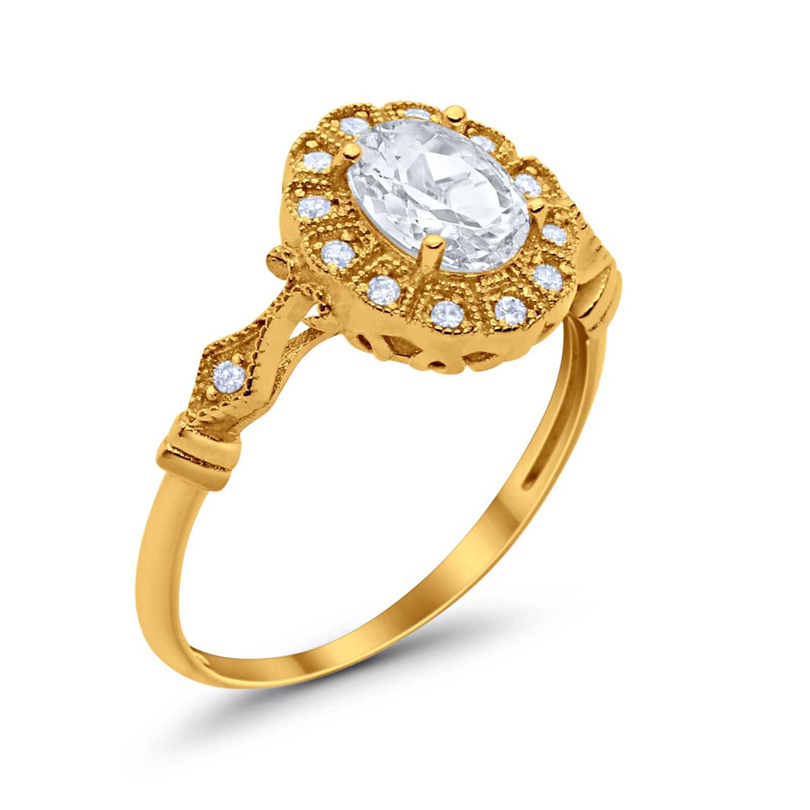 Oval Art Deco Enagement Bridal Ring Yellow Tone, Simulated Cubic Zirconia 925 Sterling Silver