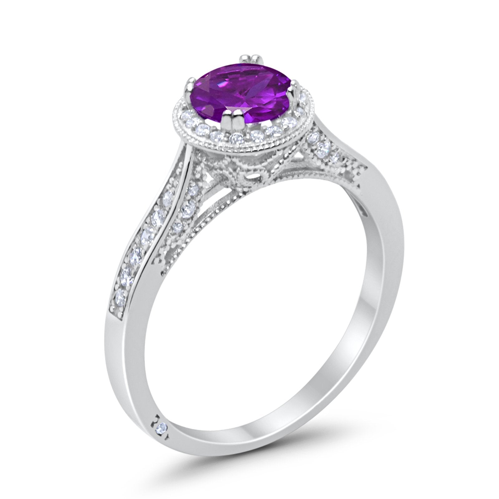 Halo Art Deco Engagement Ring Round Simulated Amethyst CZ 925 Sterling Silver