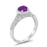 Halo Art Deco Engagement Ring Round Simulated Amethyst CZ 925 Sterling Silver
