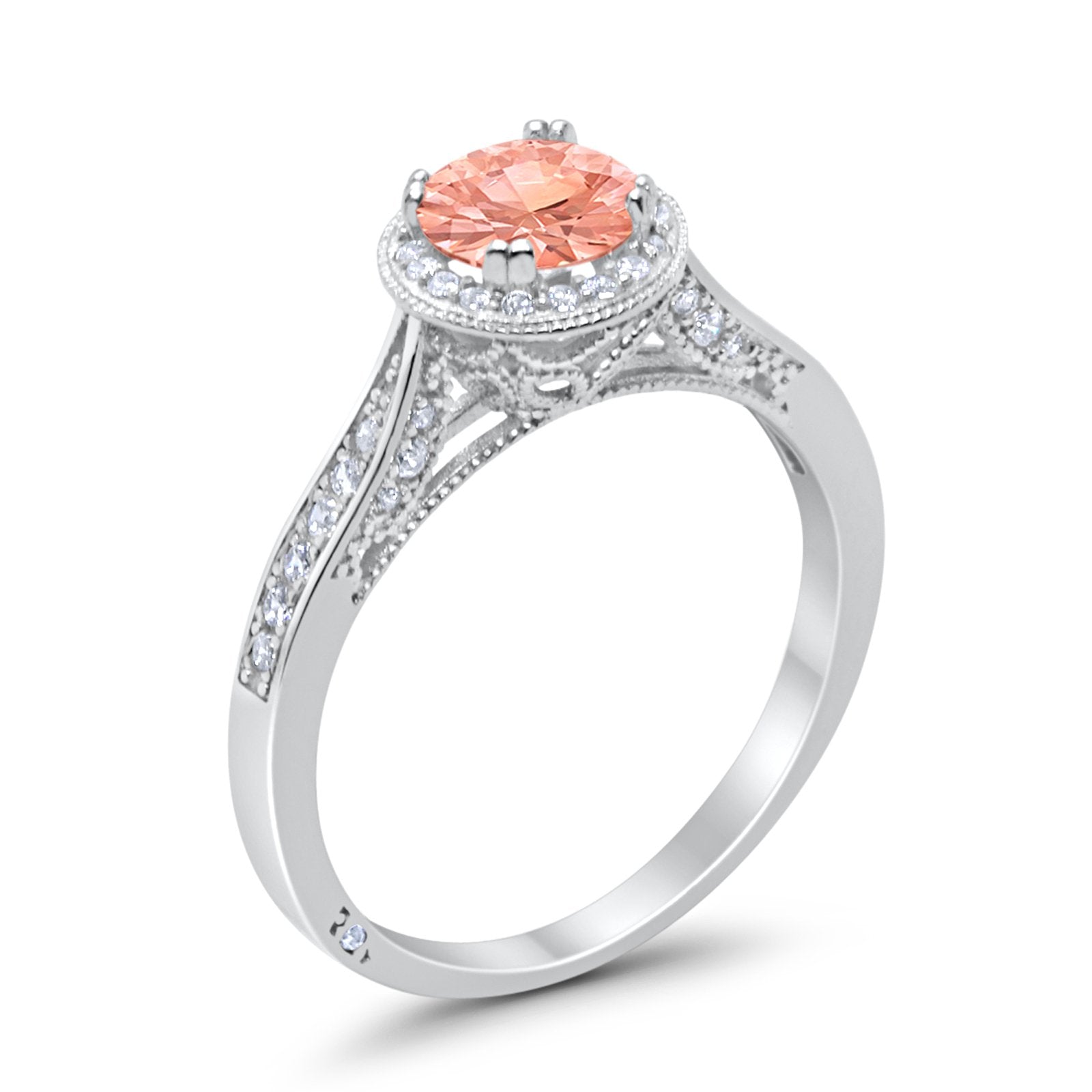 Halo Art Deco Engagement Ring Round Simulated Morganite CZ 925 Sterling Silver
