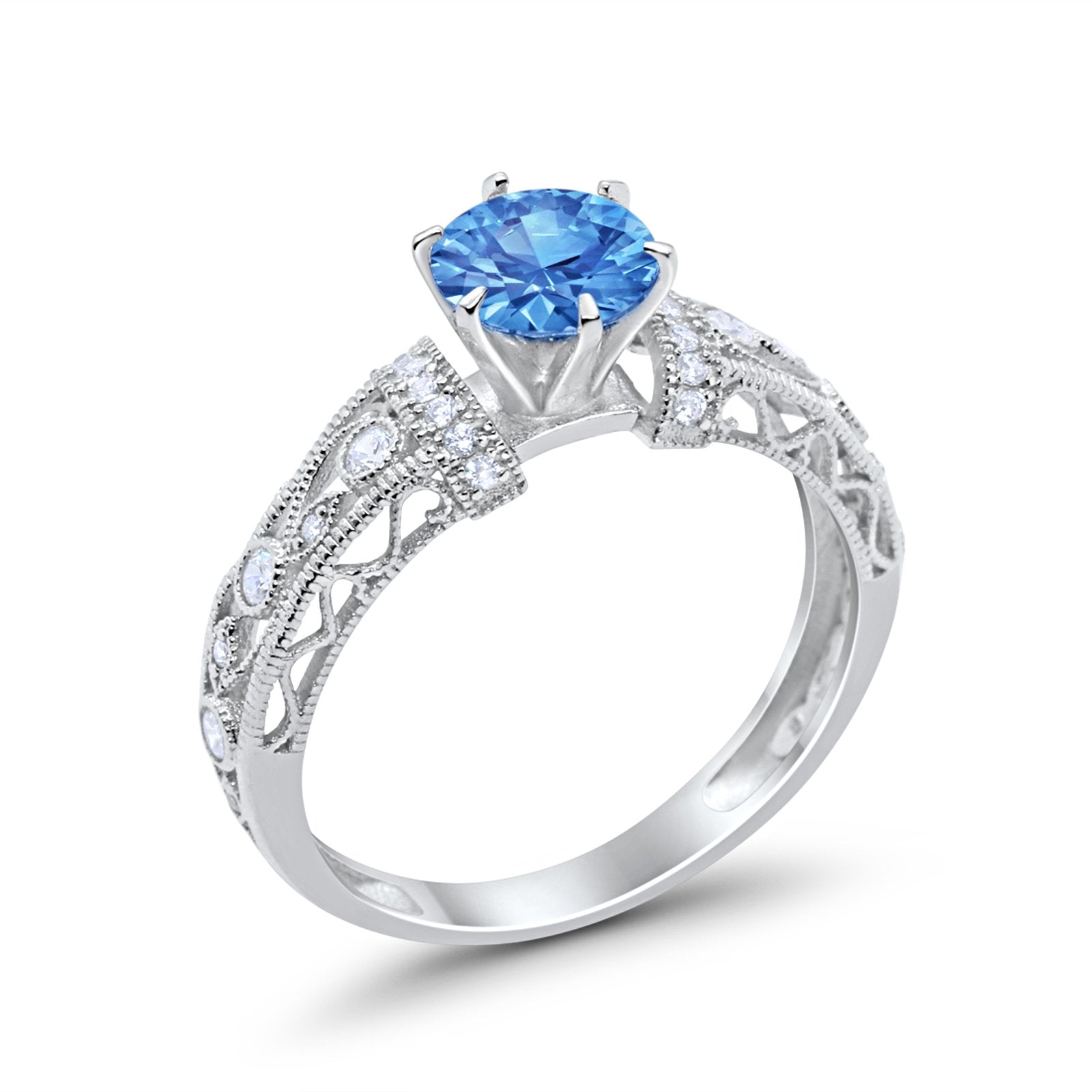 Art Deco Wedding Promise Ring Round Simulated Blue Topaz CZ 925 Sterling Silver