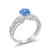 Art Deco Wedding Promise Ring Round Simulated Blue Topaz CZ 925 Sterling Silver