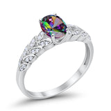 Solitaire Floral Accent Oval Simulated Rainbow CZ Wedding Ring 925 Sterling Silver