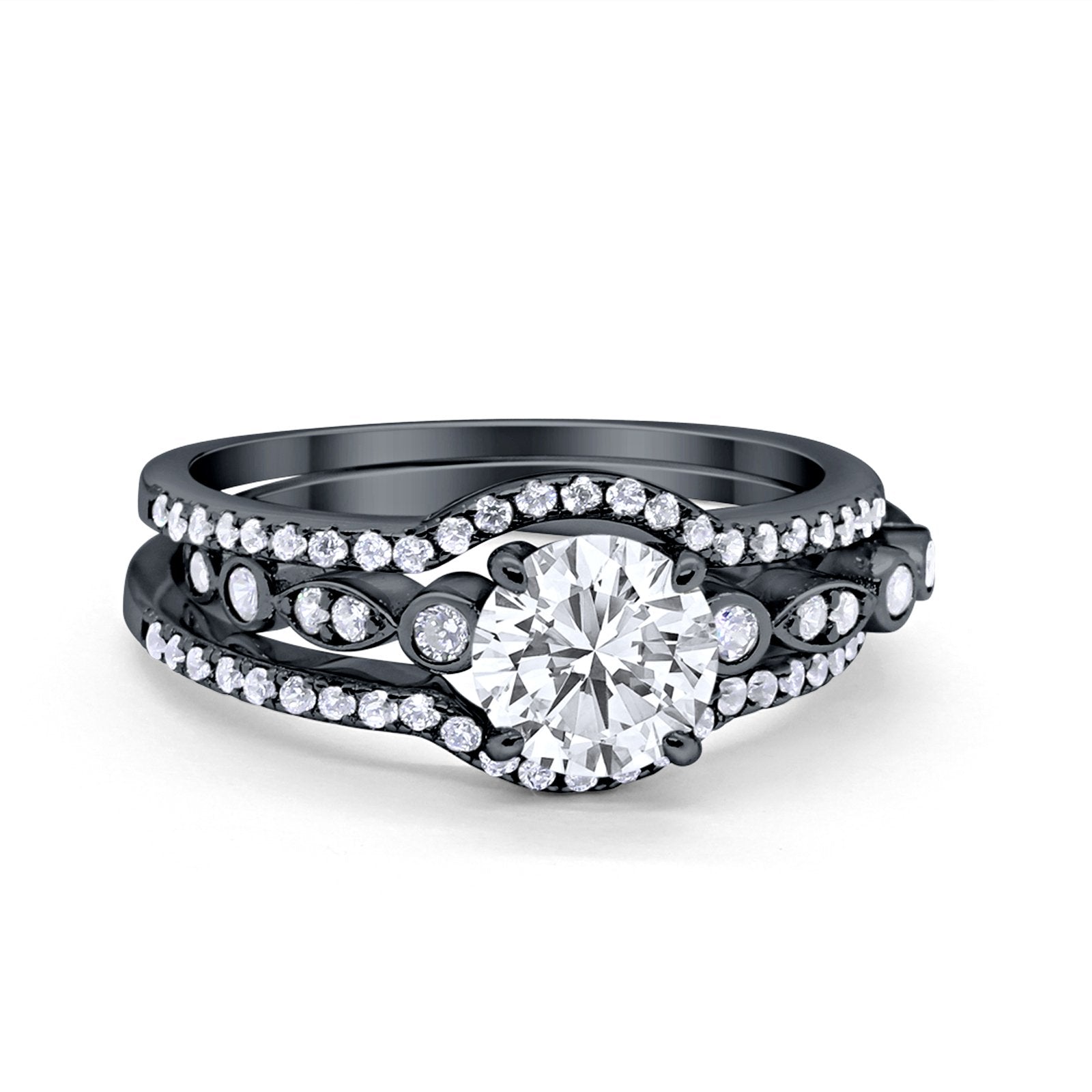 Trio Set Three Piece Wedding Ring Round Black Tone, Simulated Cubic Zirconia 925 Sterling Silver