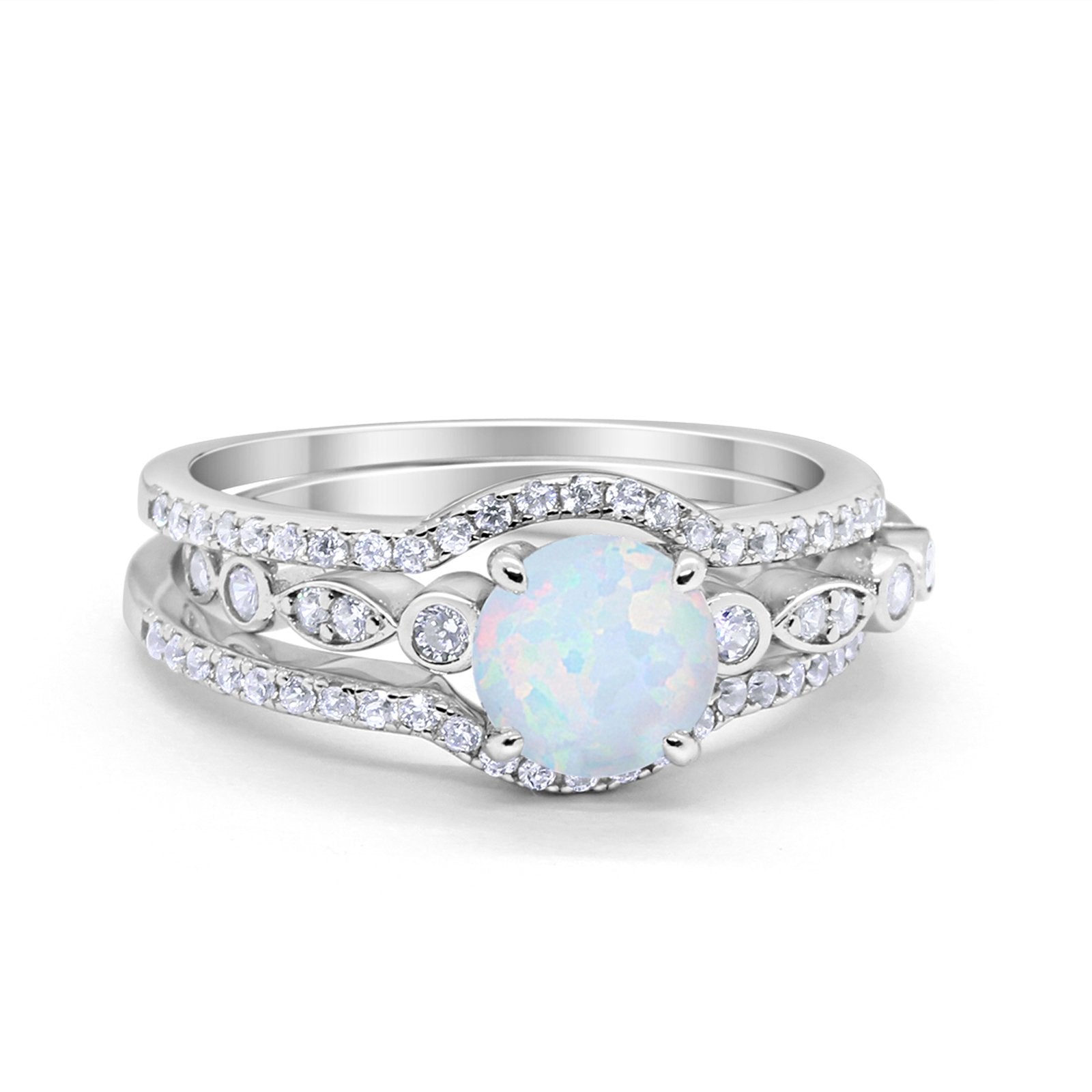 Trio Set Three Piece Wedding Ring Round Lab White Opal 925 Sterling Silver