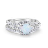 Trio Set Three Piece Wedding Ring Round Lab White Opal 925 Sterling Silver