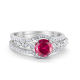 Trio Set Three Piece Wedding Ring Round Simulated Ruby CZ 925 Sterling Silver