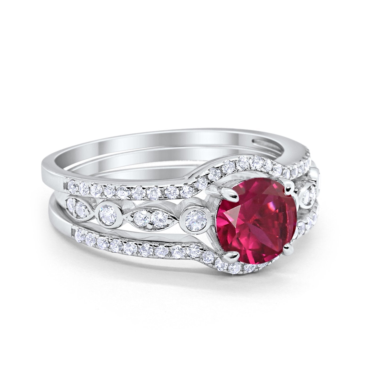 Trio Set Three Piece Wedding Ring Round Simulated Ruby CZ 925 Sterling Silver