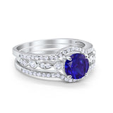 Trio Set Three Piece Wedding Ring Round Simulated Blue Sapphire CZ 925 Sterling Silver
