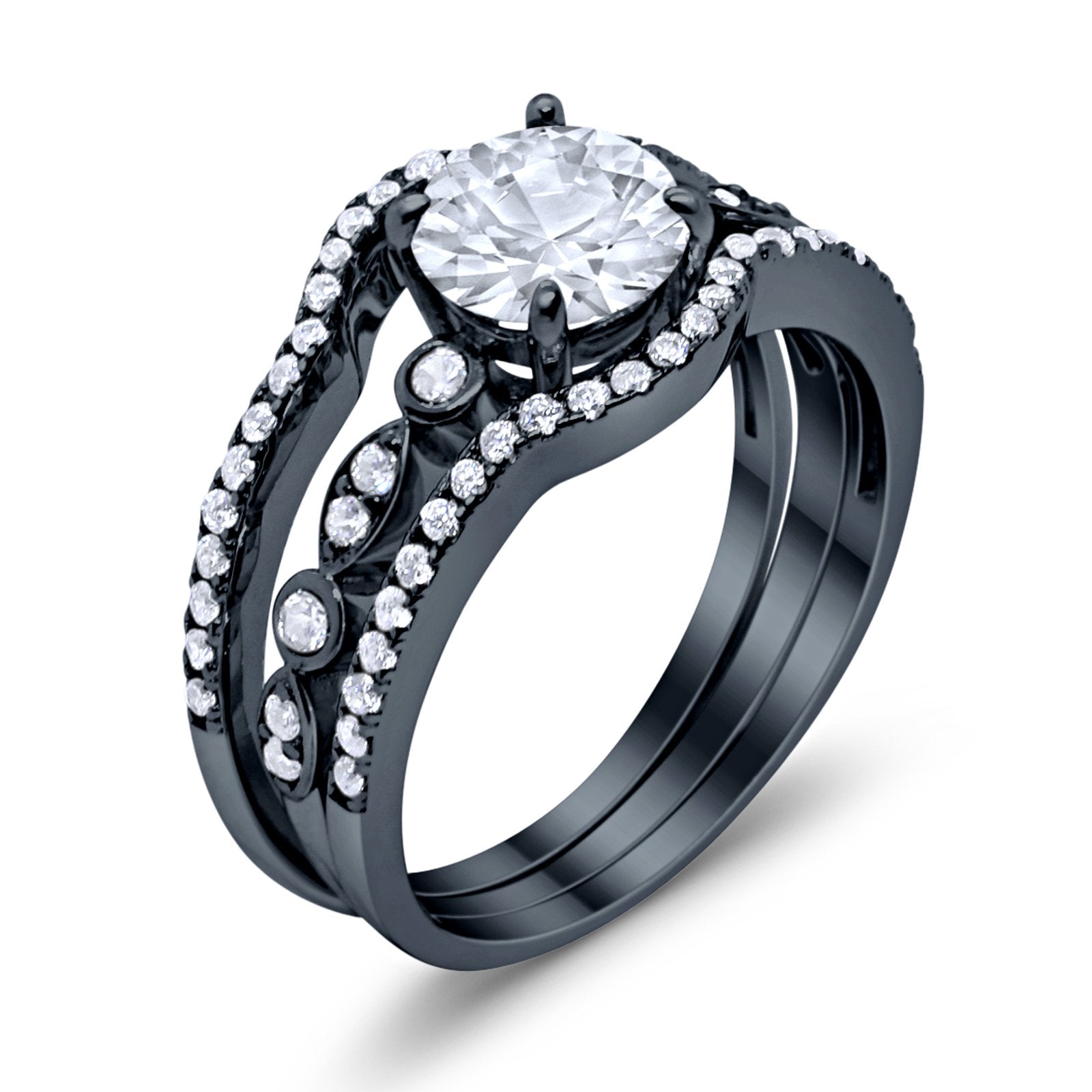 Trio Set Three Piece Wedding Ring Round Black Tone, Simulated Cubic Zirconia 925 Sterling Silver