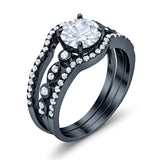 Trio Set Three Piece Wedding Ring Round Black Tone, Simulated Cubic Zirconia 925 Sterling Silver